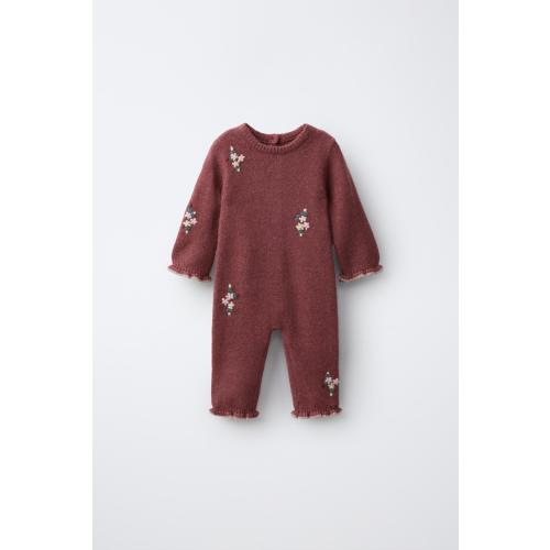 LONG KNIT ROMPER WITH EMBROIDERED FLOWERS - Dark pink | ZARA United States