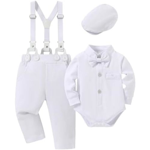 Baby Boy Clothes Suits 0-24M Infant Gentleman Outfit Long Sleeve Dress Shirt+Suspender Pants+Bowtie+Beret Wedding Set