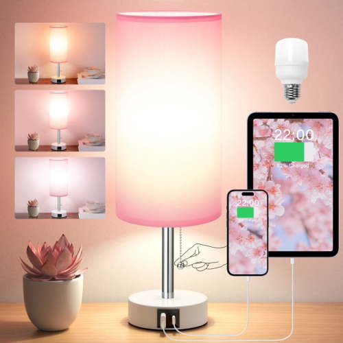 NiteLoom Pink Bedside Small Table Lamp for Bedroom, Pull Chain Control Nightstand Light with 3 Color Temperatures & USB C+A Charging Port for Girls Room, Dorm