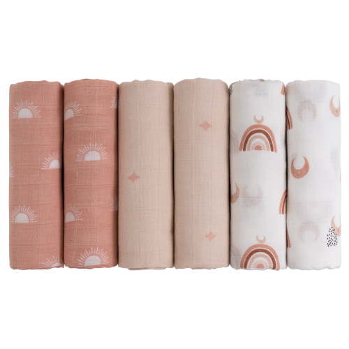 GLLQUEN BABY Organic Cotton Muslin Swaddle Blankets 6-Pack, Breathable, Soft, 70x70 cm, Unisex, Newborn Baby Gift