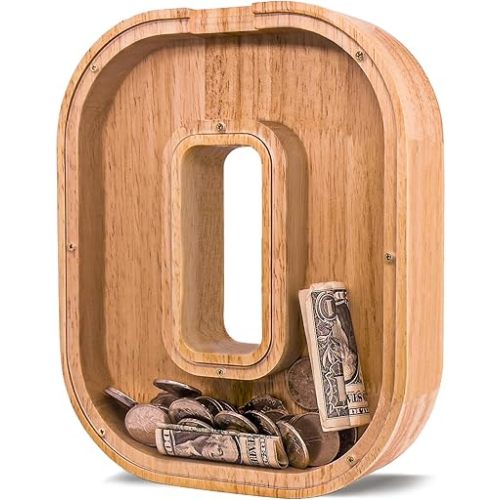 JOOMLAFLY Wooden Letter Piggy Bank for Kids Larger Alphabet Letter Bank for Boys Initial Coin Bank Personalized Piggy Bank Wood Money Save Box for Birthday and Festival-Upgrade 9"" O Piggy Bank