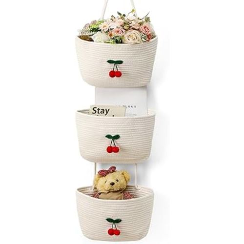 Cute Cherry Hanging Baskets, 3-tier Woven Cotton Wall Mounted Storage Organizer Cherry Decorative Storage Hanging Closet Removable Large Wall Basket for Nursery Living Room Bedroom Kitchen