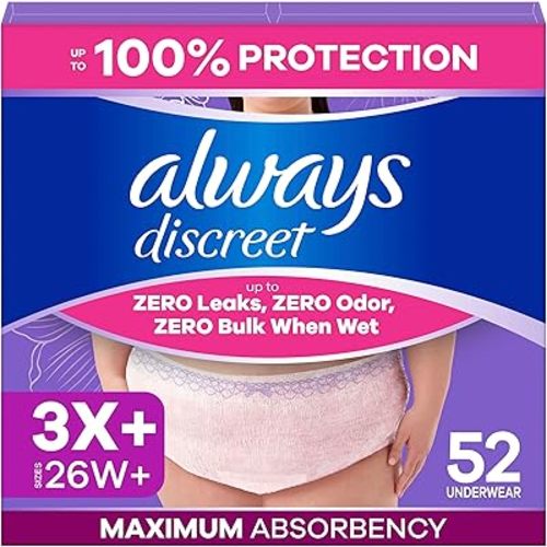 Always Discreet Reimagined Adult Diapers for Women, Maximum Absorbency Incontinence and Postpartum Underwear Size 3X+, Up to 100% Leak Free Bladder Leak Protection, 52 Count​