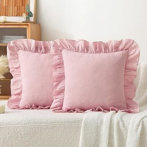 Gingham Pillow Covers (2 Pack) - 18x18 Inches Pink/White Plaid, 100% Washed Cotton Vintage Ruffle Decorative Throw Pillowcases with Zipper Closure for Bed & Couch