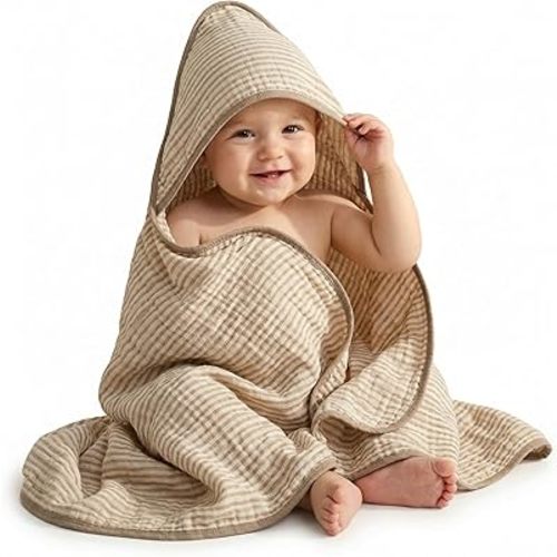 Muslin Baby Beach Bath Towel Hooded Organic Cotton Blend (Stripe)
