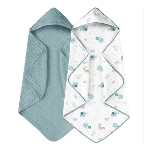 Yoofoss Hooded Baby Towels for Newborn 2 Pack 100% Muslin Organic Cotton Baby Bath Towel with Hood for Babies, Infant, Toddler and Kids, 32x32Inch, Soft and Absorbent Newborn Essential,Blue Elephant