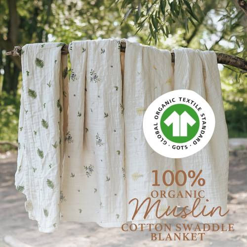 Swaddle Baby Blanket, 2-Pack, 47"x 47" Muslin Cotton, Certified Organic by GOTS -  Comes with a Matching Backpack. Soft, Breathable.