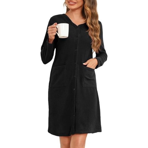 Ekouaer Women's Long Sleeve Nightshirt with Pockets Button Down Nightgown Fleece Sleepwear Fuzzy Pajama Dress S-XXL