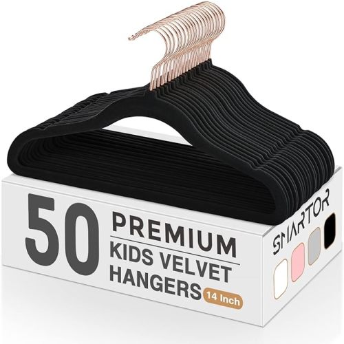 Kids Velvet Hangers 50 Pack, 14 Inch Premium Non Slip Kids Felt Hangers for Closet, Space Saving Toddler Clothes Hanger for Youth's Childrens' Clothes (Rose Gold Hook)- Pink