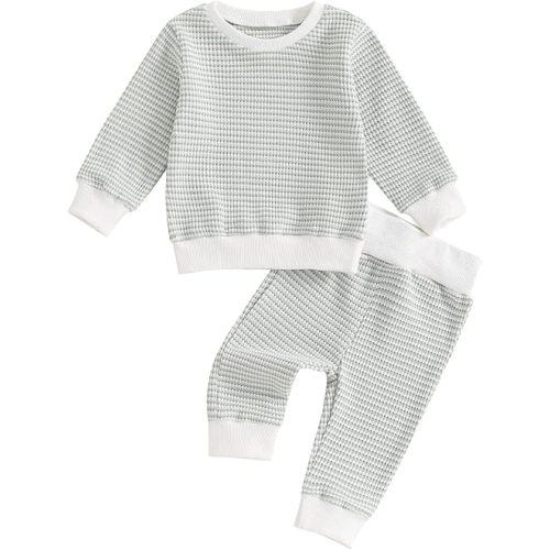 Baby Boy Fall Clothes Set Long Sleeve Crewneck Sweatshirts Pants Infant Newborn Waffle Stripe Outfits 6 12 18 24 Months
