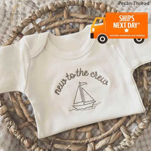 Embroidered New to the Crew ONESIES® brand,  Surprise to Family, Friends, Pregnancy Announcement ONESIES® brand, Sail Boat Bodysuit, L294