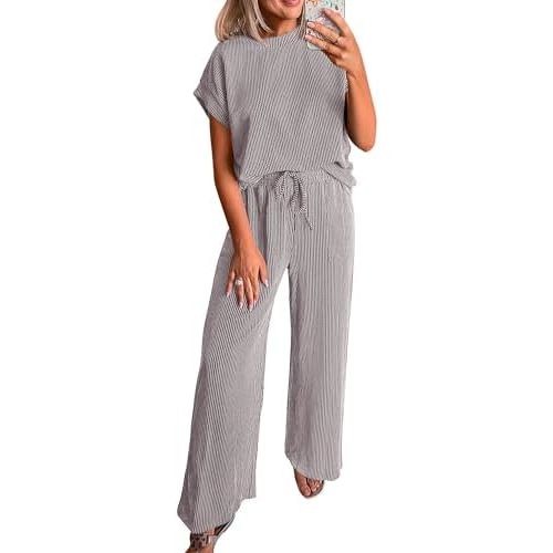 KIRUNDO 2 Piece Sets for Women Dressy Casual Ribbed Knit Short Sleeve Tops Wide Leg Pants Lounge Set Travel Airport Outfits