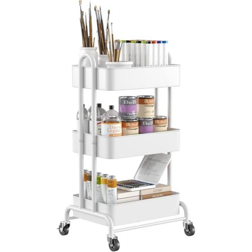 Ceayell 3-Tier Metal Rolling Storage Cart Heavy Duty Utility Cart Organizer with Lockable Wheels (WHT)