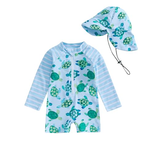 Lucikamy Toddler Baby Boy Girls One Piece Swimsuit Long Sleeve Zipper Bathing Suit with Hat Infant Rash Guard Swimwear