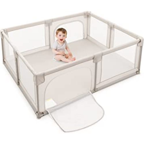 BABY JOY Baby Playpen, 190 x 150 cm Baby Safety Play Yard Activity Center, Extra Large Infant Playards with Gate, Indoor Outdoor Baby Play Pen with Breathable Mesh for Infants & Babies (Beige)