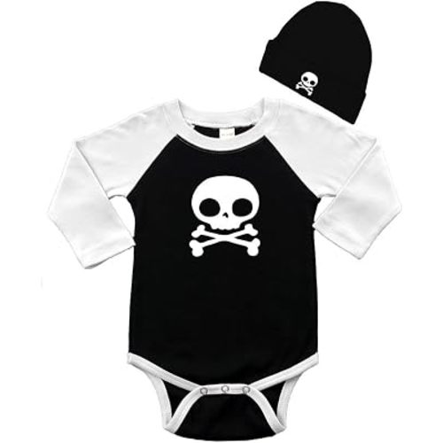 Long Sleeve Raglan Bodysuit and Cap Set - Skull