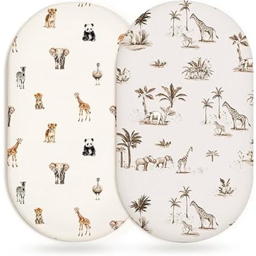 Bassinet Sheets for Baby Girls Boys 2 Pack, Fitted Baby Mattress Sheet for Rectangle, Oval, Hourglass Bassinet Mattress, Breathable Cozy & Universal Fit (Safari Dreams)