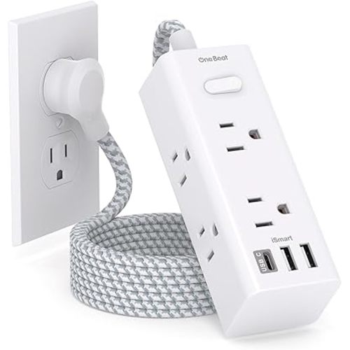 Power Strip Surge Protector - One Beat 6 Widely Outlets with 3 USB Ports (1 USB C), 5 Ft Extension Cord Flat Plug, Wall Mount Outlet Extender Small Power Strip for Travel Home Office College Dorm Room