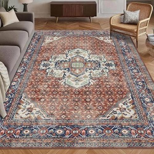 Washable Area Rug 6' x 9' Vintage Traditional Persian Mat - Foldable Distressed Non-Slip Machine Washable Carpet for Living Room Bedroom Kitchen Home Decor - Terracotta and Navy