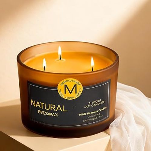 3-Wick Beeswax Candles in Jar, Natural Beeswax Candles in Amber Glass for Air Purification, Honey Aroma Jar Candle for Home Scented Decor, Gift for Women & Men, Fragrance Free, Paraffin Free