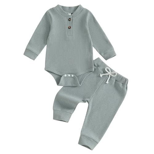 Lukivech Newborn Baby Boy Girl Clothes Striped Waffle Knit Long Sleeve Romper Long Pants Set Infant 2Pcs Fall Winter Outfit