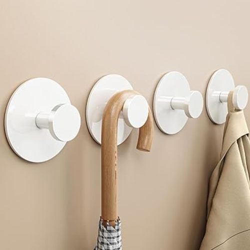 bussdis White Adhesive Wall Hook for Coat and Towel: Extra Sticky 12 LB (Max), Stainless Coat Rack Door Holder Hanger, Heavy Duty