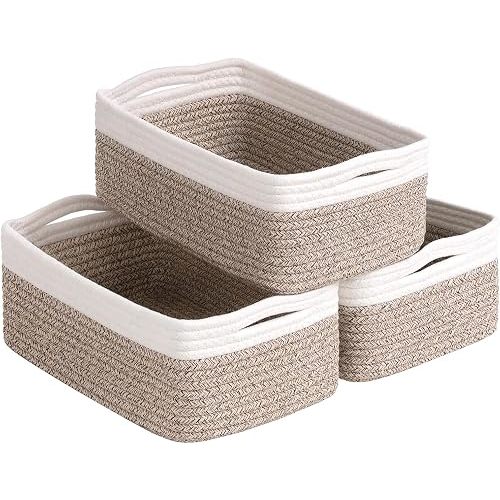 Goodpick Baskets for Organizing, 11 x 7 x 4.5 in, Baskets for Shelves, Toy Storage, Home Decor, Dorm Decor 3 Pack for Bathroom, White & Light Brown
