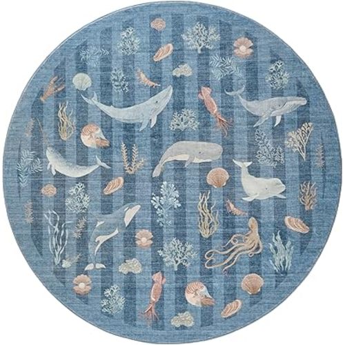 Whales Themed Soft Washable Faux Wool Stain Resistant Rug Rubber Non-Slip Backing for Playroom Bathroom Living Room Bedroom Bedside Beachy Cute Coastal Nautical Nursery Rug (Marine, 5' Round)