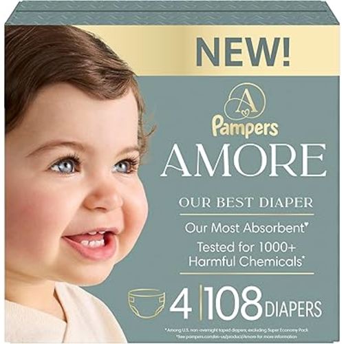 Pampers Amore, Size 4 (15-34 lbs), 108 Count, Our Best Diaper – Hypoallergenic & Fragrance Free, Up to 100% Leakproof, Soft as Cashmere