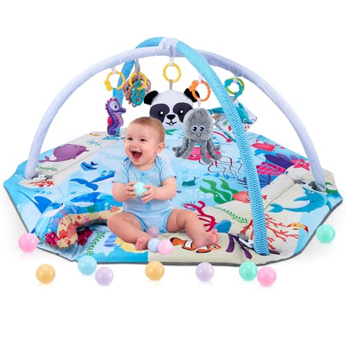 Baby Gym Play Mat, 9-in-1 Baby Play Mats w 9 Detachable Toys for Stage-Based Sensory & Motor Skill Development, Washable Tummy Time Mat & Crawling Blanket for Baby to Toddler, Baby Essentials Gift