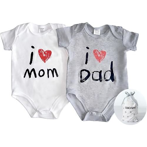 CREVENT Set for Newborns 0-3 Month 100% Cotton Bodysuit- I Love Dad & Mom Onesie 2 Packs (Grey & White Rompers with a Gift Bag)