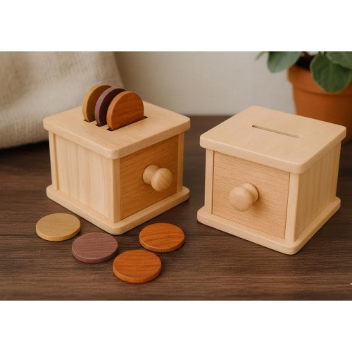 Montessori Coin Box Toy for Babies Toddlers Infant Object Permanence Natural Wood