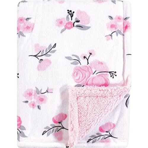 Hudson Baby Unisex Baby Plush Mink and Sherpa Blanket, Pink Floral, One Size