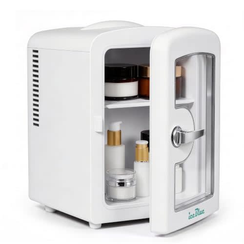 Iceblue Mini Fridge, 4 Liter /6 Cans Makeup Fridge with Clear Door - White | Compact Mini Skincare Fridge for Beauty & Beverages, Dual-use Portable Cosmetic Fridge for Bedroom, Office, Home, Car, Gift