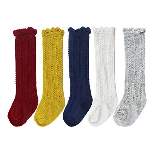 Bestjybt Baby Girls Boys Knee High Socks Cotton Newborn Infants Toddlers Cable Knit Tube Ruffled Stockings, 5 Pairs