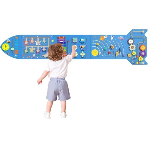Rocket Activity Wall Busy Board Panels - Sensory Wall Panel for Kids, Montessori Toddler Wall Activity Board, Wall Toys for Toddlers 3, Activity Cube, Wooden Boards, Blue
