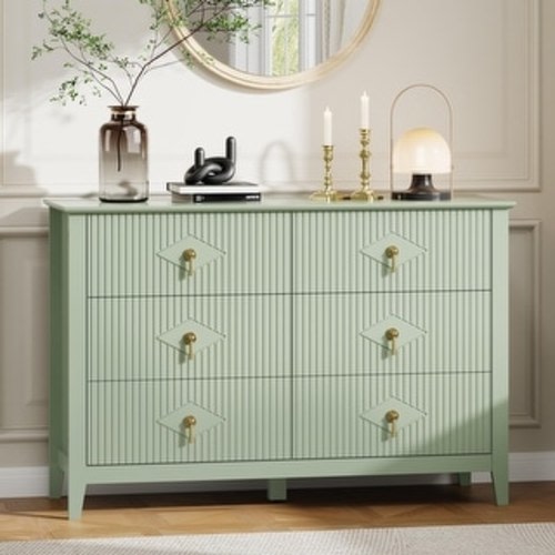 Fluted 6 Drawer Dresser for Bedroom, 47.2 Inch Wide Modern Wooden Chest of Drawers with Gold Handles