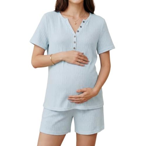 OUGES Women's 100% Soft Cotton Maternity Pajamas Sets Short Sleeve Pregnancy Postpartum 2 Piece Outfits Sleepwear