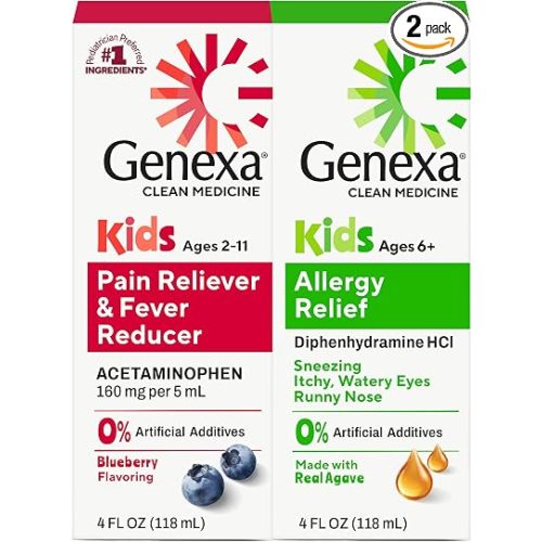 Genexa Kids' Clean Allergy & Acetaminophen Medicine Combo, Dye Free, 0% Artificial Additives, Childrens Antihistamine & Pain Reliever Fever Reducer, Ages 6-11, Organic Agave & Blueberry (2 Pack)