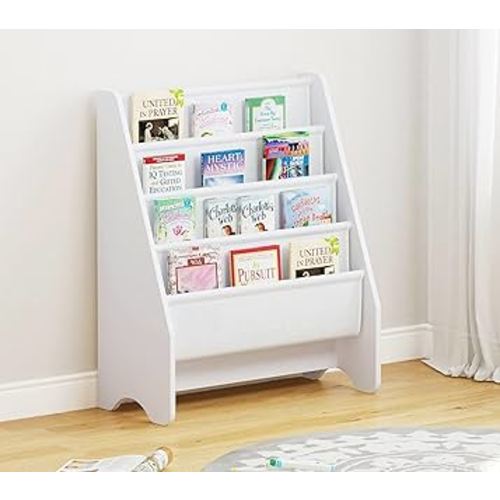 UTEX Kids Bookshelf Storage, Book Shelf for Kids Rooms, 4 Tier Sling Bookshelf for Kids, Toddler, Magazine Book Rack, Children Book Organizer, White