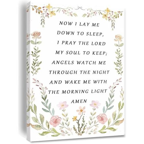 Nursery Bedtime Prayer Baby Room Now I Lay Me Down to Sleep Wildflower Canvas Wall Art Christian Child's Prayer Print Bible Verse Painting Home Decor Baptism Gifts for Girl Framed 8 * 12 inch