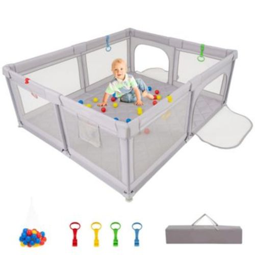 TopComfy Baby Gates Portable Baby Play Yard with Breathable Mesh and Carry Bag for Indoor Outdoor Use, Grey, 73"*61.5"*27"