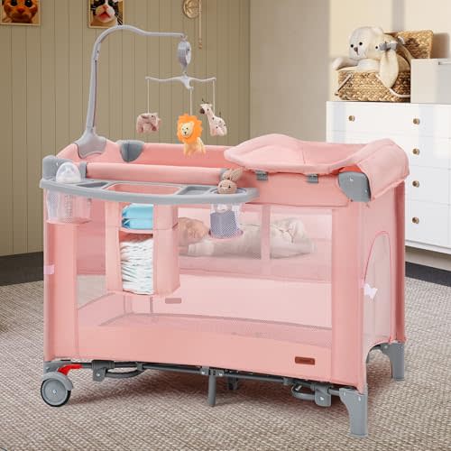 HARPPA Pack and Play 6 in 1, Portable Baby Playard for Travel, Baby Bassinet Bedside Sleeper with Mattress, Rolling Bassinet for Infant, Pack n Play with Changing Table, Bed Crib(Pink)
