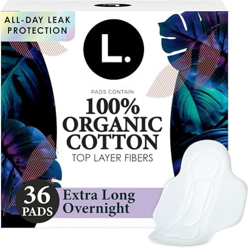 L. Ultra Thin Pads for Women, Organic Cotton Top Layer, Overnight Absorbency, Menstrual Pads with Wings, Made Without Synthetic Pesticides and Fragrances, 36 Count
