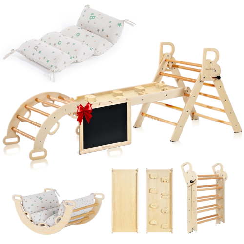 BlueWood 7-in-1 Foldable Pikler Triangle Climbing Set with Cushion,for Toddlers,Nature