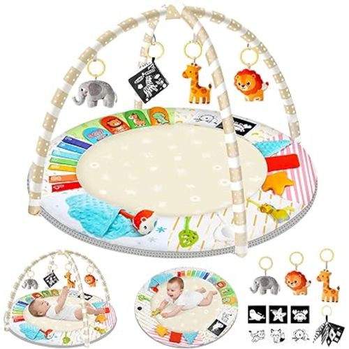URMYWO Tummy Time Mat - Comfortable Baby Floor Play Mat Activity Gym for 0-3-6-18 Months, 6 Developmental Zones with 5 Detachable Toys for Motor Skills Sensory Development, Baby Essentials Shower Gift