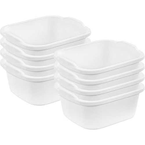 Sterilite 12 Quart Durable Heavy Duty Reinforced Plastic Kitchen Dishpan Basin with Molded Handles for Household Chores and Storage, White, 8 Pack