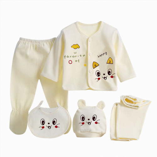 Splozh New Born Clothes Baby Boy 5PCS Newborn Baby Boys Girls Cartoon Long Sleeve Tops+Hat+Pants+Bib Outfits Set,Yellow,0-3 Months