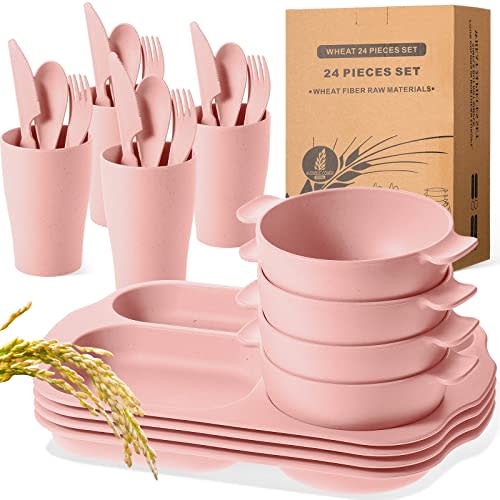 Honoson 24 Pcs Wheat Straw Dinnerware Cutlery Set, Service for 4, Unbreakable Plates and Bowls Set - Divided Plates, Bowls, Spoons, Forks & Knives, Microwave & Dishwasher Safe(Pink)