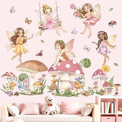 decalmile Pink Fairy Girls Wall Decals Large Mushroom Flower Butterfly Wall Stickers Girls Bedroom Baby Nursery Kids Room Wall Decor